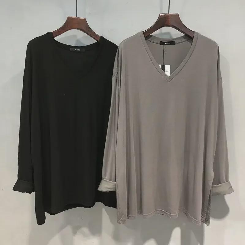 2025 Трендовая европейская женская футболка с V-образным вырезом XL и длинным рукавом, весна/осень, свободный крой, закрывающая живот, до 300 фунтов