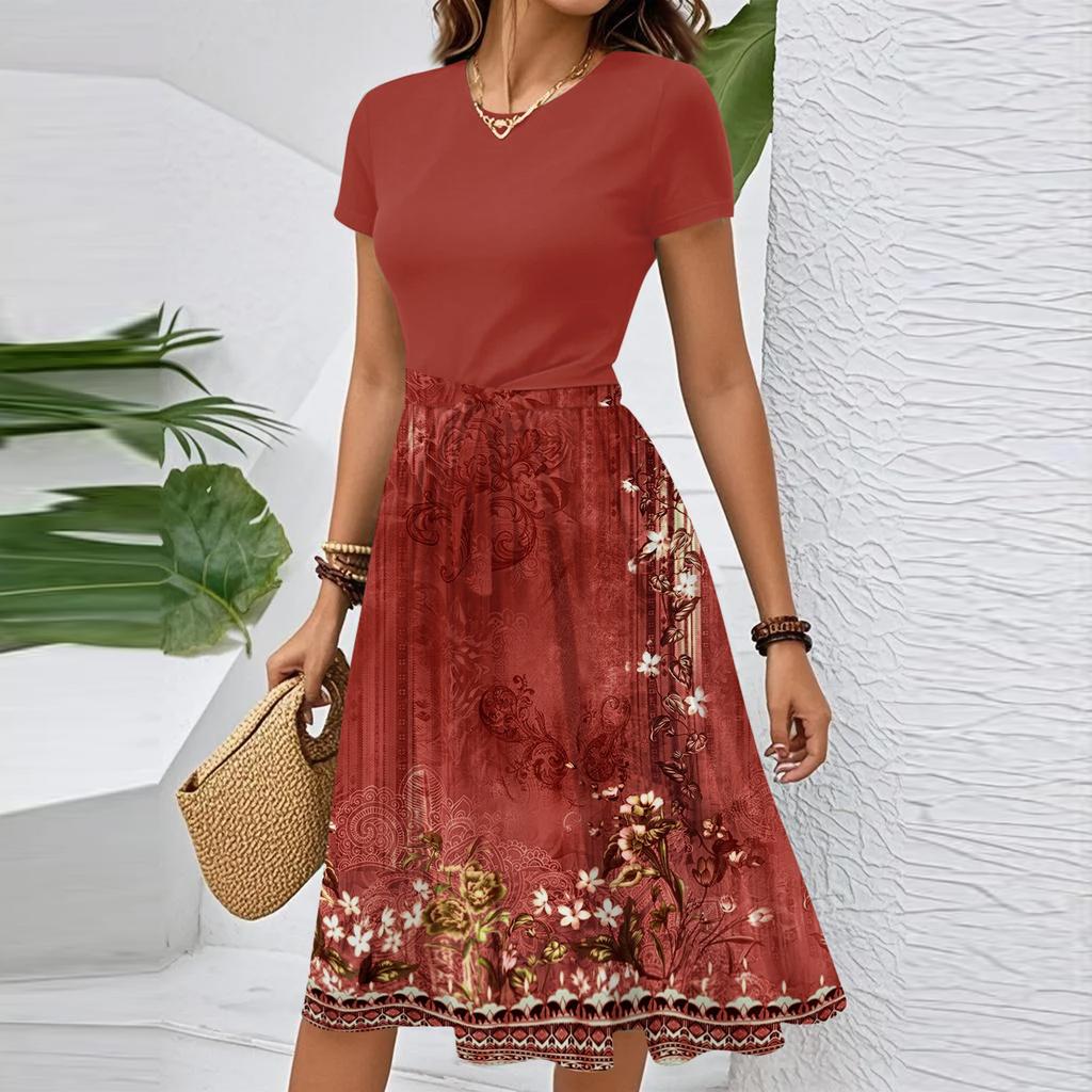 Women's Casual Fashion Belted Floral Print Short Sleeve Round Neck Elegant Dress