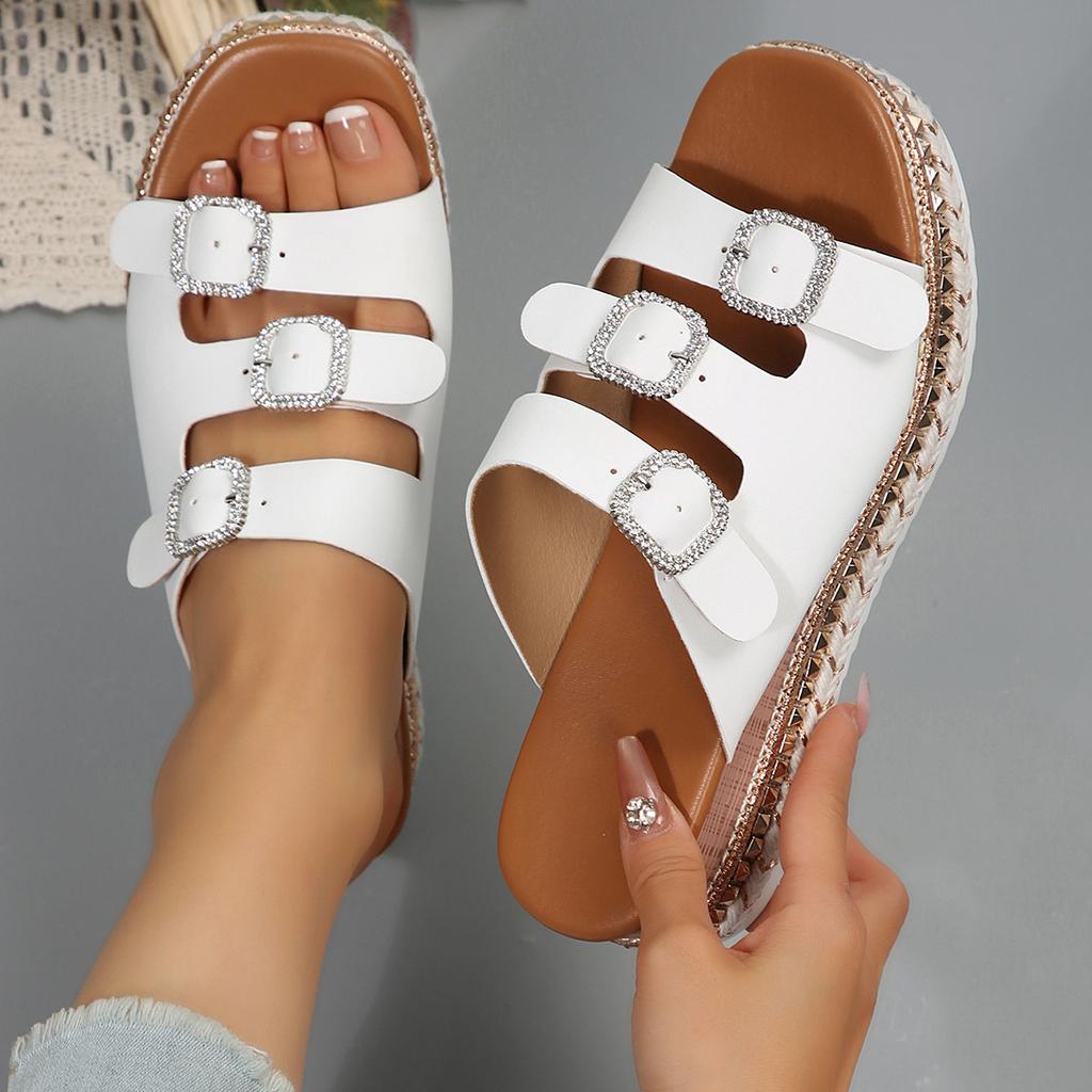 2025 Summer New Foreign Trade Muffin Thick-soled Double-buckle Rhinestone Cork Beach One-word Slippers Large-size Women's Shoes