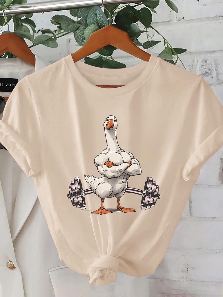 Women's Casual Graphic T-Shirt Funny Muscular Duck Lifting Weights Short Sleeve Round Neck Summer Top Streetwear Cartoon clothes
