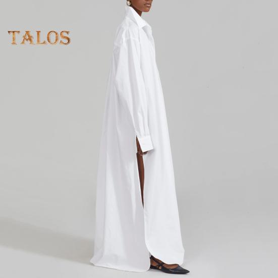 Women Shirt Dress Lapel Long Sleeve Side Slit Design Casual Shirt Solid Color Buttons Closure Maxi Dress Daily Wear