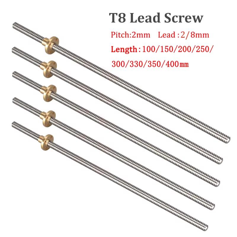 T8 Lead Screw With Nut OD 8mm Lead 2mm Pitch 2mm 100mm-200mm-300mm-400mm-500mm Lead Screw With Brass Nut Reprap 3D Printer Parts