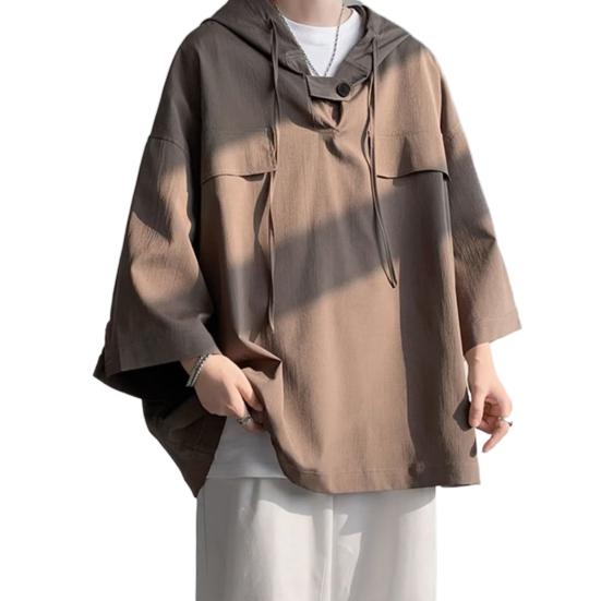 Весенне-летние мужские верхние нагрудные карманы большого размера в стиле хип-хоп, сплошной цвет, с капюшоном, рукава три четверти, тонкая кулиска, мягкая дышащая уличная рубашка, толстовка