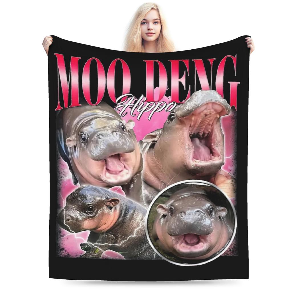 Moo Deng Baby Hippo Blankets Fleece Print Baby Hippo Meme Multifunction Super Soft Throw Blankets for Sofa Car Plush Thin Quilt