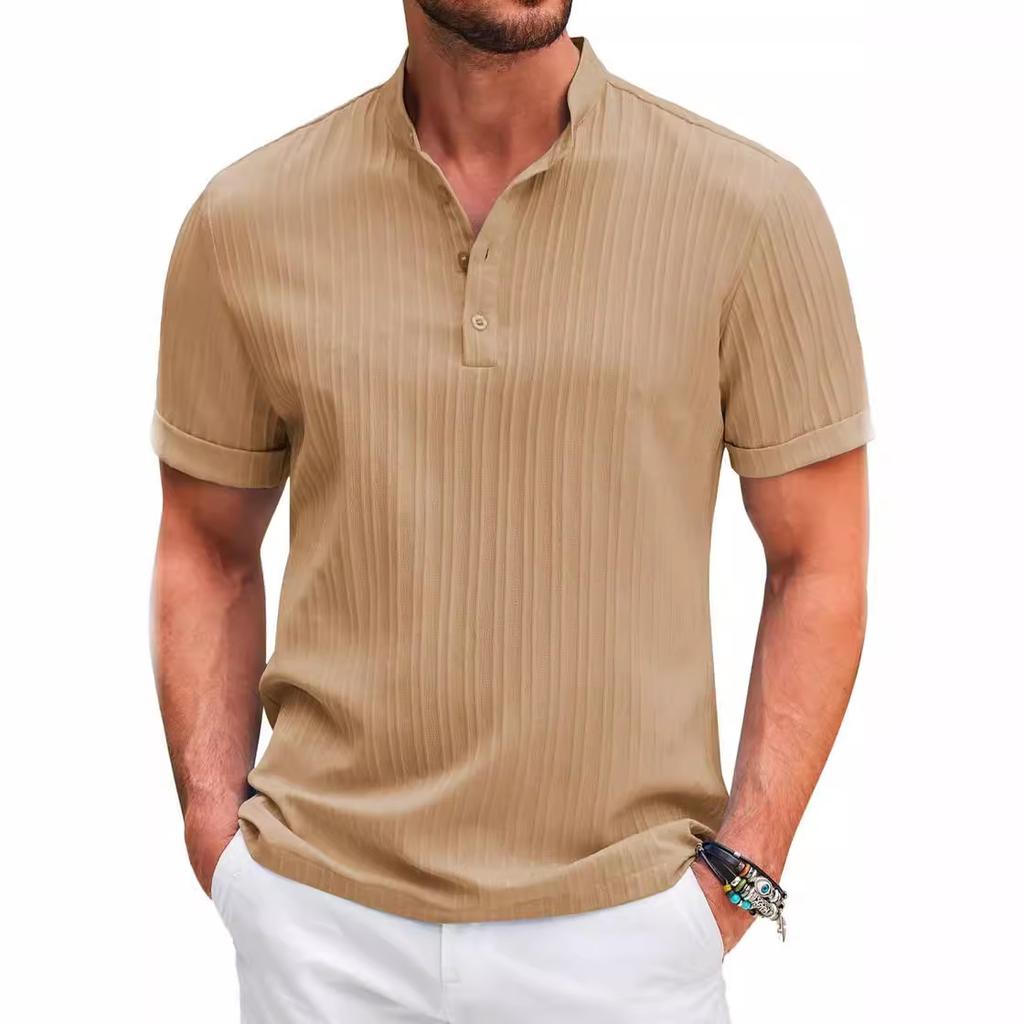 Men's Retro Striped Shirt Top Man Casual Loose Stand Collar Shirt