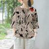 Womens Printing Casual Round Neck 3/4 Sleeve Loose Blouse