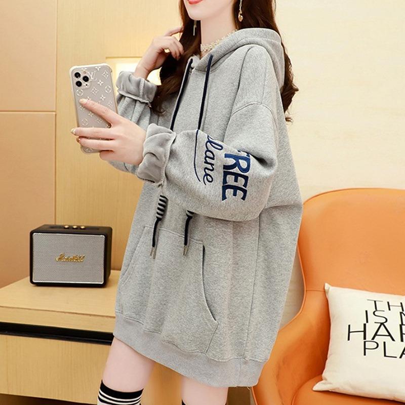 Women Loose Thin Mid Length Hooded Pullover Sweatshirt Casual Outerwear