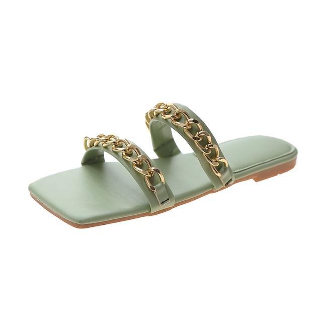 Chain Women Flats Slippers Designer Sandals New Square Toe Shoes Slingback Ladies Slides Summer Casual Women Flip -Flops