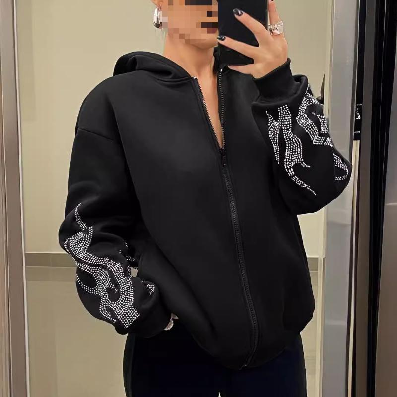 Осень и зима Y2K трендовый уличный худи свободного кроя с капюшоном на молнии и горячим тиснением пламени для мужчин и женщин