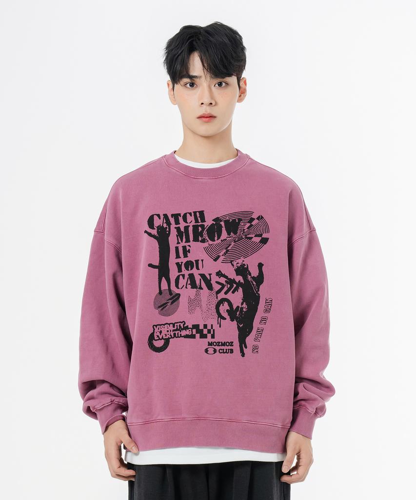 MOZMOZ Terry Brushed Pigment Dancing Cat Oversized Sweatshirt Pink