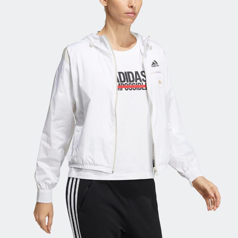 Adidas Logo Print Sports Woven Hooded Jacket Women Jacket White HE9959