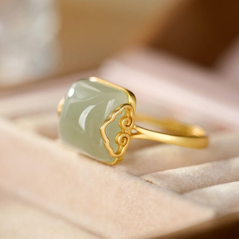 Vintage Ethnic Style Auspicious Clouds Imitation Jade Adjustable Rings Women Chinese Style Temperament Simple Elegant Ring Gift