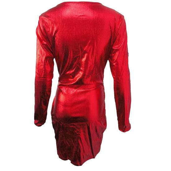 Вечеринка для выпускного вечера с низким вырезом, глубоким V-образным вырезом, плиссированной шеей, обтягивающим высоким женским платьем, глянцевое платье с длинными рукавами и нерегулярным подолом, длиной выше колена, женское