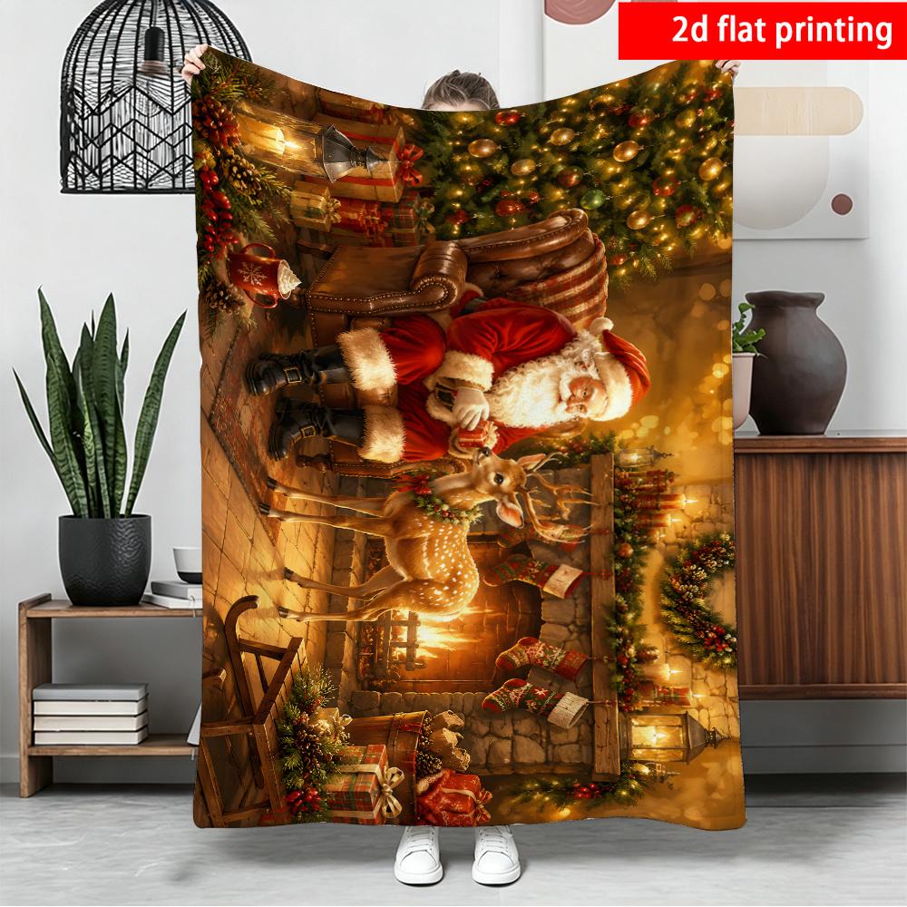 2D Flat Printing 1pc Retro Oil Painting Style Santa Claus Fireplace Reindeer Printed Blanket Flannel Material Single-Sided Printin