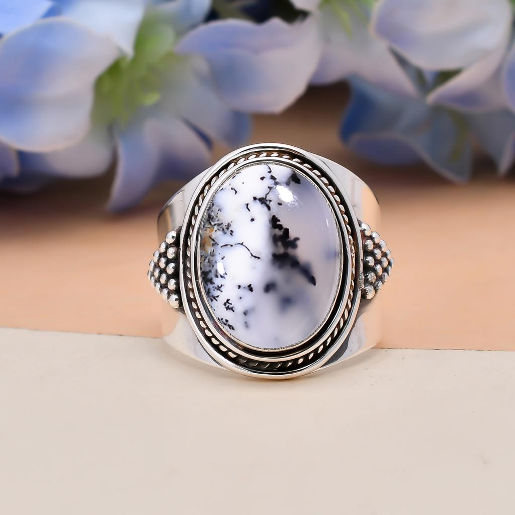 Дендритовый Агат - Кольцо из серебра 925 пробы V5631, Белое кольцо, Овальное кольцо, Подарок на День святого Валентина, Подарок для нее, Подарок на день рождения, Украшения ручной работы, Si