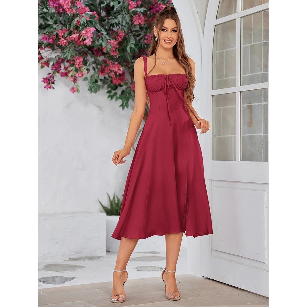 Summer Sweet Solid Sleeveless Long Dress Women Fashion Bandage Camisole Dresses Padded Boned Robe Elegant Party Vestidos