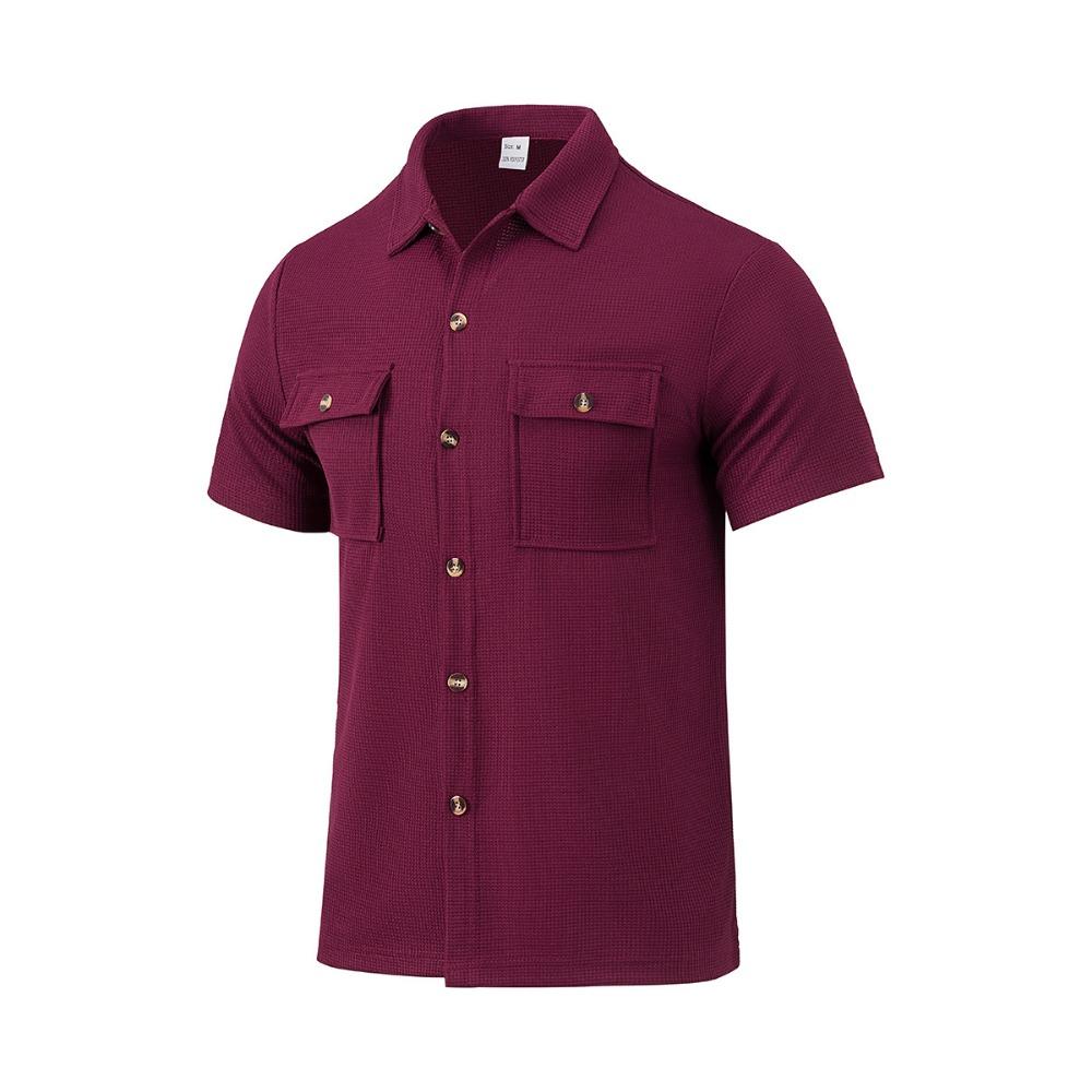 Summer Men's Waffle Short Sleeved Casual Solid Color Shirt