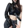 Irregular Pu Leather Jacket Female Hollow One-shoulder Metal Adjustment Buckle All-match Crop Coat Streetwear Hip-hop Top