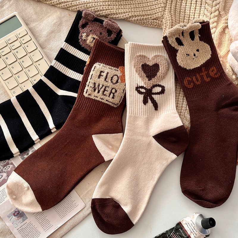 Кофейные носки женские полосатые чулки с перьями из пряжи медведя милые мультяшные носки Майяра