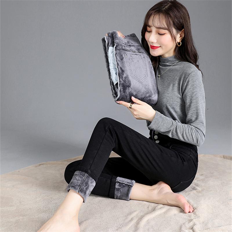 Зимние толстые флисовые теплые узкие брюки-карандаш для мам, джинсы, женские повседневные уличные брюки с высокой талией, женские синие джинсовые брюки