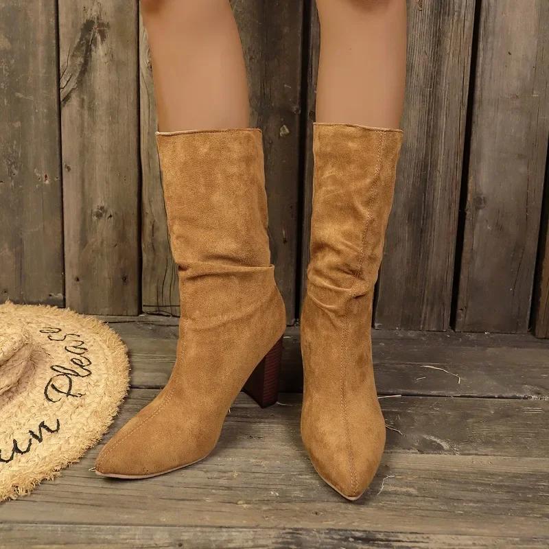 Модная обувь для женщин 2024 года, модные женские сапоги до середины икры, осенние, с острым носком, однотонные, на высоком каблуке, модные женские сапоги в стиле ретро