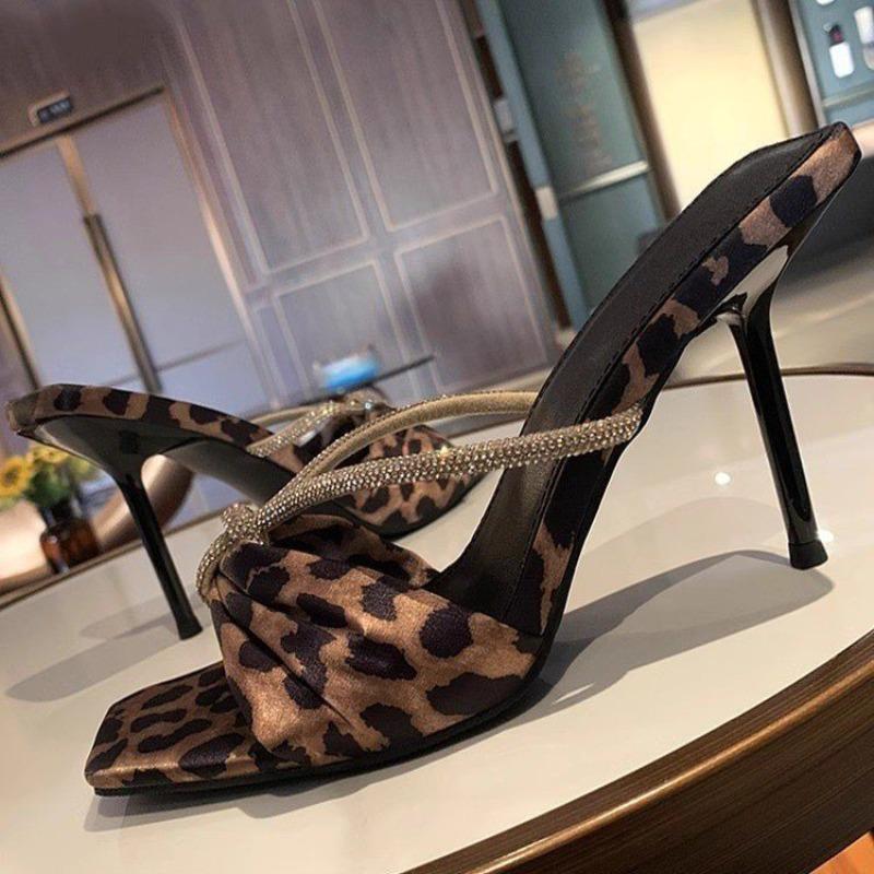 Fashion French Style Leopard Print Silk Crystal Straight Strap Women's Sandals Hot Selling 2025 New Summer Butterfly High Heels Slippers