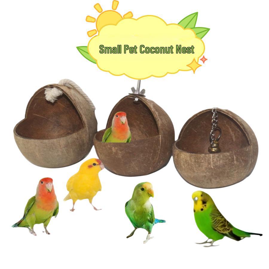 Natural Coconut Shell Parrot Nest & Swing Toy - Warm Tiger Skin Design