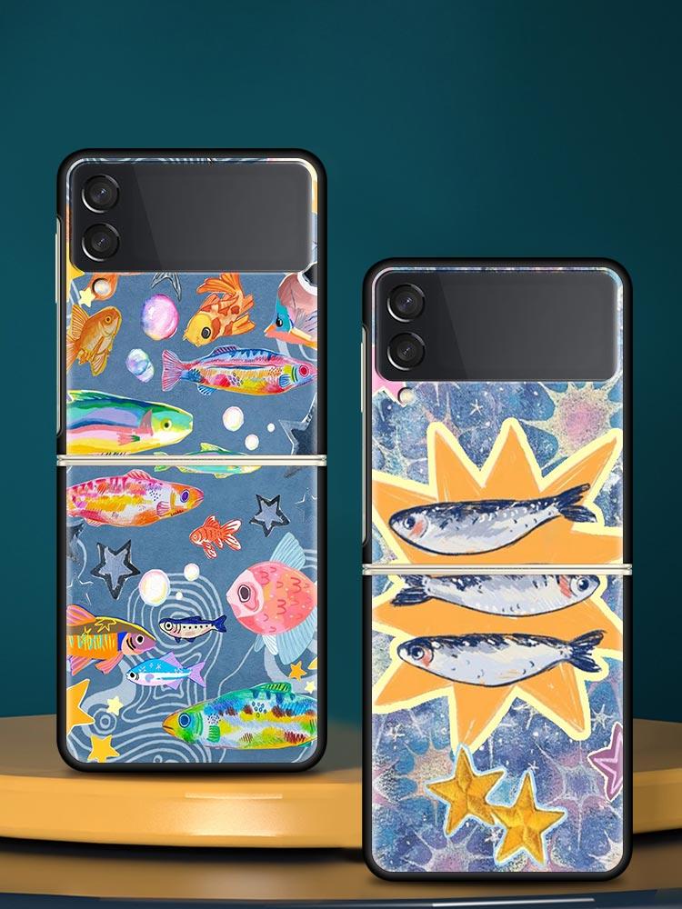 Blue Ocean Fish Hard PC Phone Case For Samsung Galaxy Z Flip 7 6 5 4 Black Cover For Galaxy Z Flip 3 Foldable Fundas Shell Capas