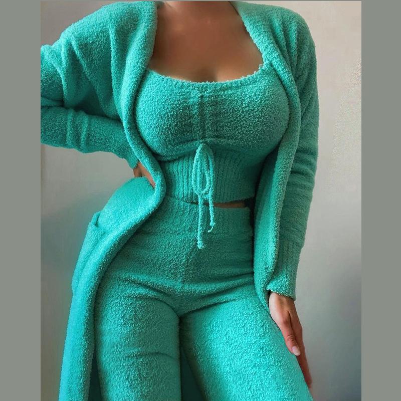 Женский флисовый комплект из 3 предметов, укороченная майка на тонких бретельках, широкие длинные брюки, пушистое кимоно, уютный пижамный комплект, женский брючный костюм