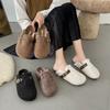 Warm Slipper Women Korean Fashion Plush Mule Slippers Retro Outdoor Soft Cork Buckle Flat Slides Lamb Hair Slippers 2024