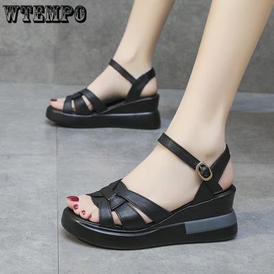 Летние женские сандалии, модные сандалии на высоком каблуке с открытым носком, повседневная обувь с пряжкой, женская обувь на танкетке с круглой головкой