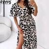 Женская мода лето-весна с леопардовым принтом повседневные платья с коротким рукавом и v-образным вырезом с высокой талией