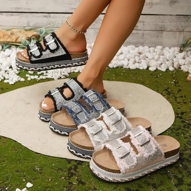 Women's Wide Width Fringe Slides, Double Buckle Platform Sandals, Rhinestone Summer Slippers for Women