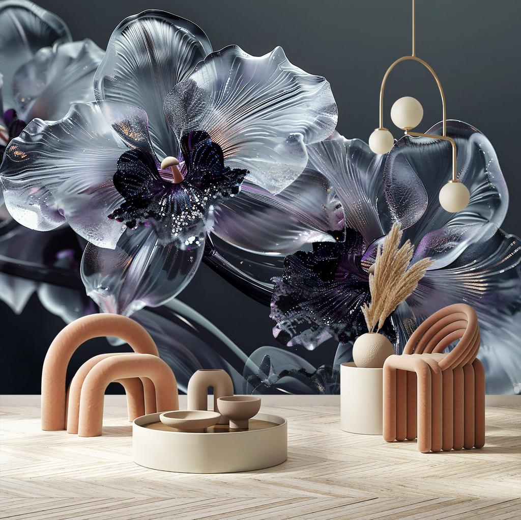 Wallpaper Blooming Glass Flowers Black and White