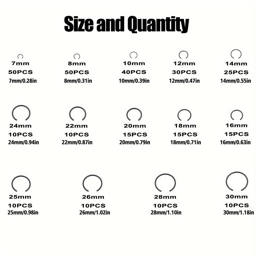 300pcs Metric 7mm To 30mm Round Wire C-Clips Internal Snap Rings Assortment Kit;Round Wire Snap Rings for Hole(Black-Finished Steel)