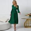 Women's Long Sleeve Slim Pleated Waistband V-Neck Dress A-line Dress