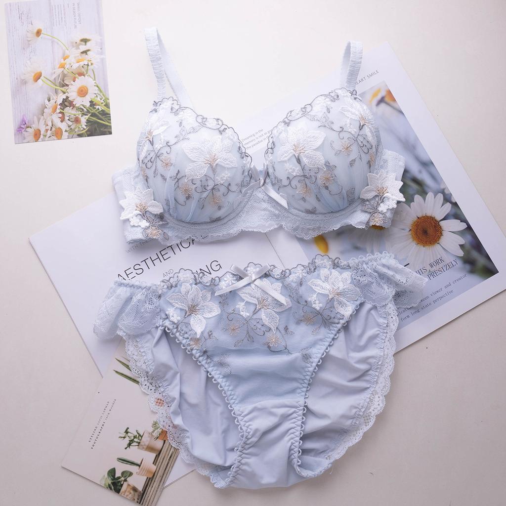 Japanese embroidered thin girl bra set, sweet flower lace underwear bra, large cup size.