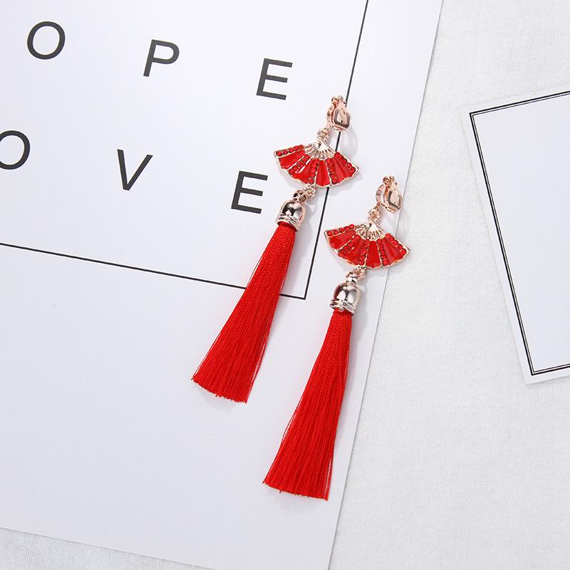 Серьги-клипсы в древнем стиле ханьфу с красными кисточками и узлом для непроколотых ушей — свадебный китайский ретро-дизайн