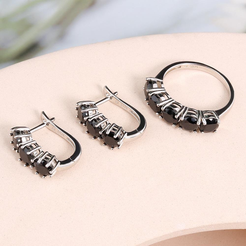 Bolaijewelry Серьги-кольца из стерлингового серебра 925 пробы, классический дизайн, натуральная черная шпинель, комплект ювелирных изделий для женщин, повседневная одежда, прекрасные подарки