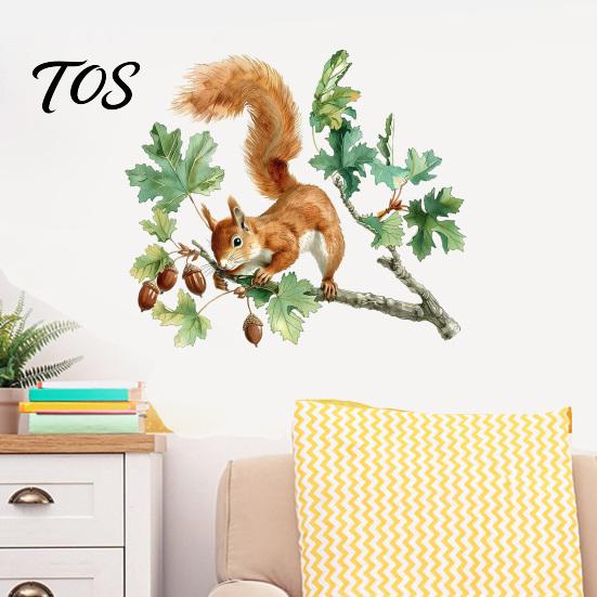 Soft Watercolor Illustration Decals Squirrel Wall Sticker, Cute Tree Branch Decal, Stickers Forest Animal Mural Art for Living Room, Bedroom, Nursery