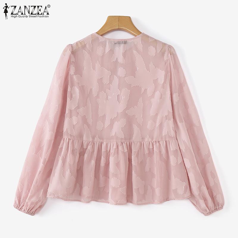 ZANZEA Женская повседневная кружевная круглая горловина с длинным рукавом полупрозрачная блузка