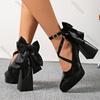 Модные Женские Туфли на Высоких Каблуках Сексуальные Туфли-Лодочки с Острым Носом, Бантом и Перекрещивающимися Ремешками на Пряжке, Черные Туфли на Платформе, Стильные Туфли на Толстом Каблуке для Платья
