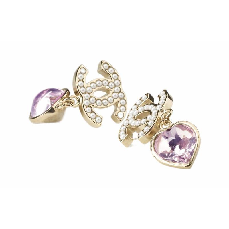 Chanel Розовые Сердечки Кристалл Жемчуг Металлические Серьги Женские Золотой/Розовый