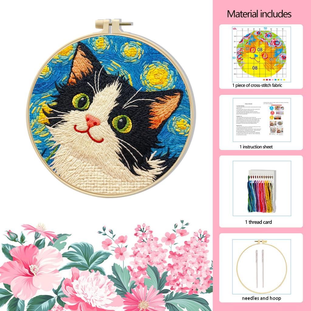 Small Night Cat Cross Stitch Kit for Beginners, Easy DIY Embroidery Set with Patterns