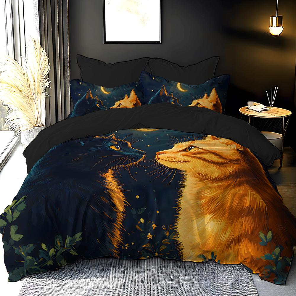 Bedding Set With Digital Print Dreamy Cat Silhouette Design Theme Full Polyester Fleece Digital Printed Duvet Cover Set