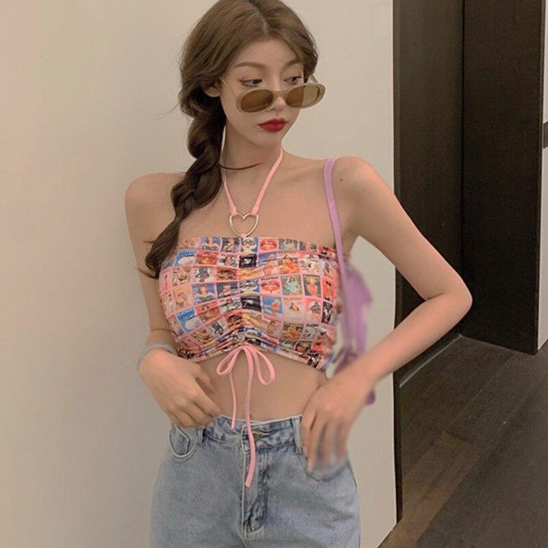 Женский корейский принт, облегающий, сексуальный топ-халтер с открытым пупком