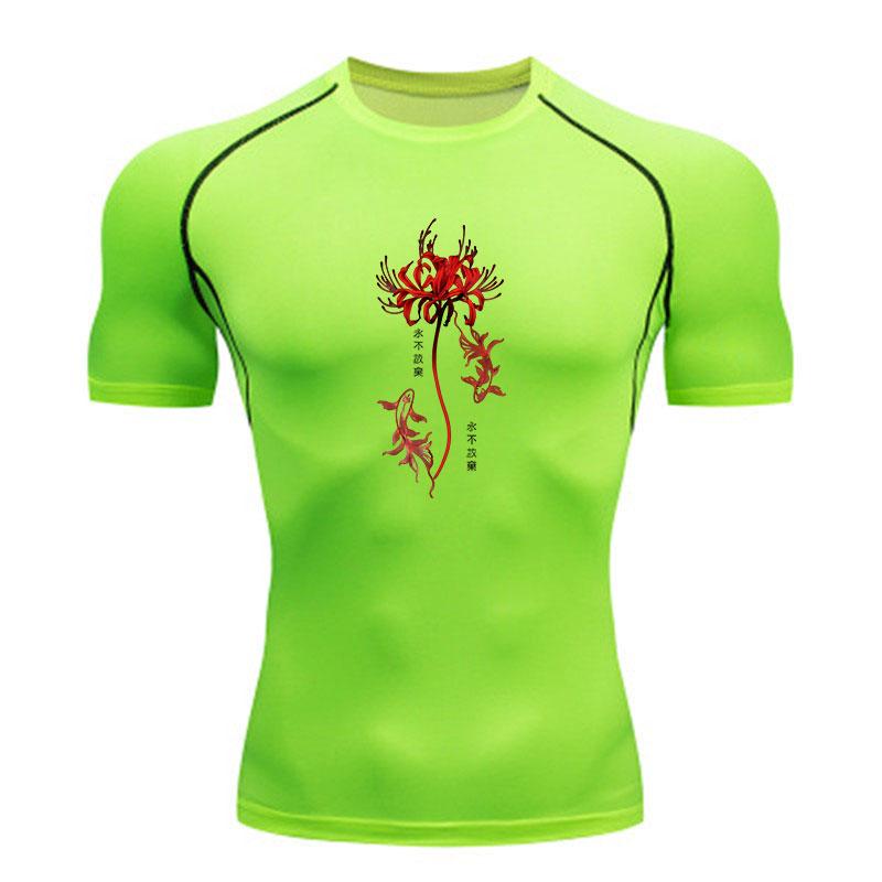 Men's Compression Sport T-Shirt, Red Spider Lily Koi Fish Printed Quick Dry Athletic Workout Shirt for Gym Running Active Training Wear