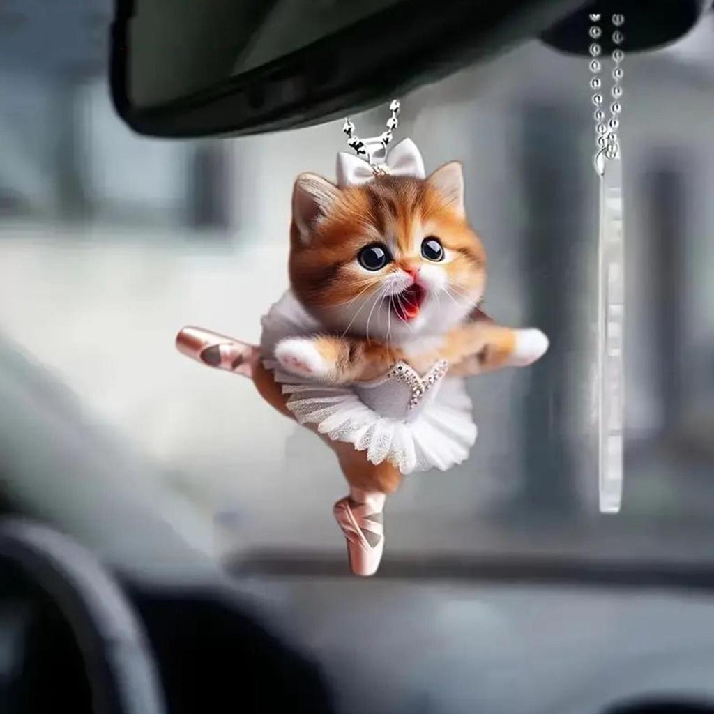 Christmas Tree Ornament Cartoon Cat Pendant with Lanyard Easy To Hang Decorative Acrylic Rearview Mirror Hanging Accessory