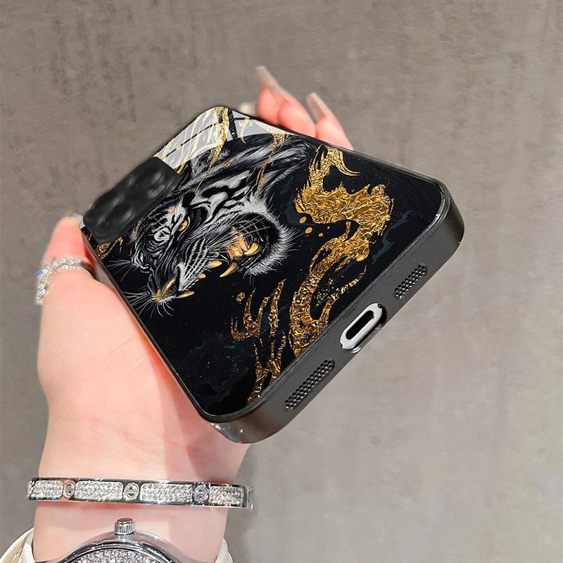 Модный Чехол из Закаленного Стекла с Золотым Рисунком Тигра для iPhone 17 16 15 Pro Max 14 13 12 11 17Air 16E 7 8 Plus XR XS X