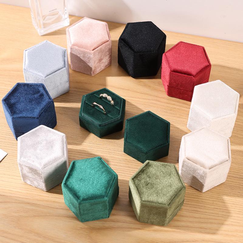 Personalized Velvet Hexagonal Jewelry Ring Box - Dustproof Gift Storage